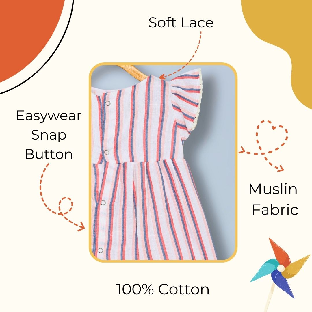100% cotton muslin jhabla frock back open with soft lace and striped print- white