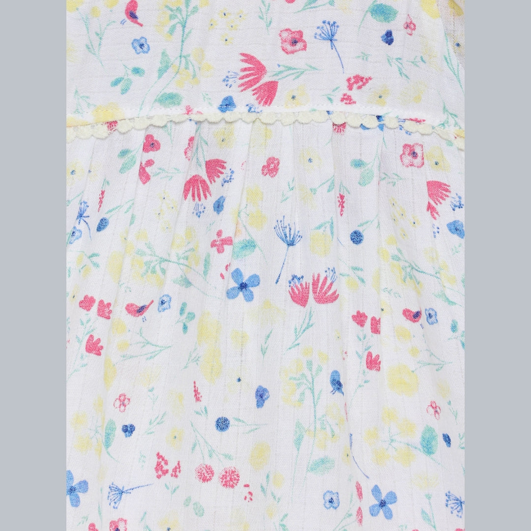 100% cotton muslin jhabla frock back open with soft lace and floral print- white