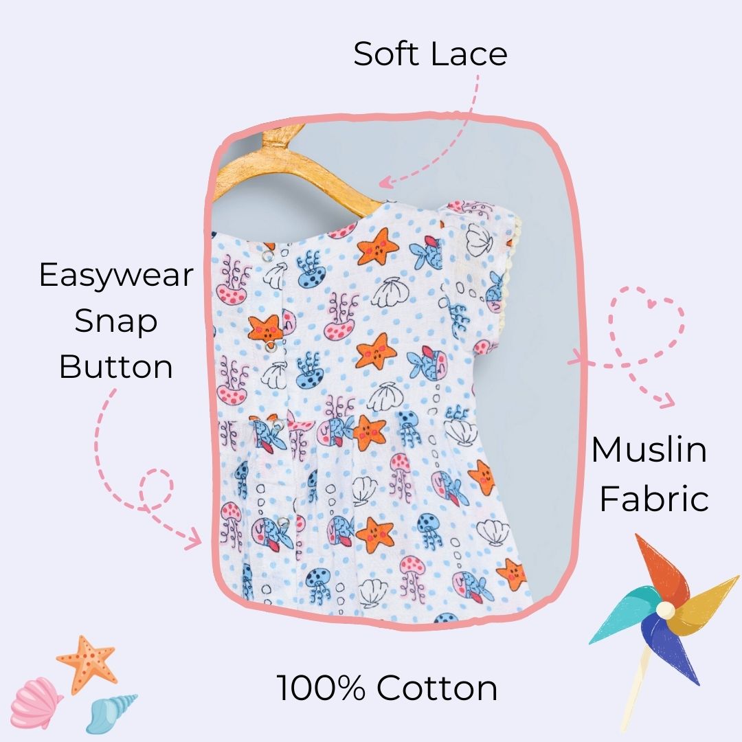 100% cotton muslin jhabla frock with soft lace- white star fish pattern