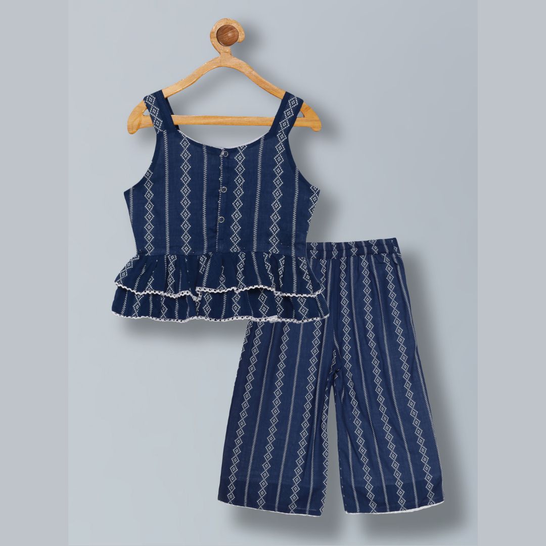 100% Cotton Sleeveless Co-ord set with stripe print Top And Pant Set - Blue