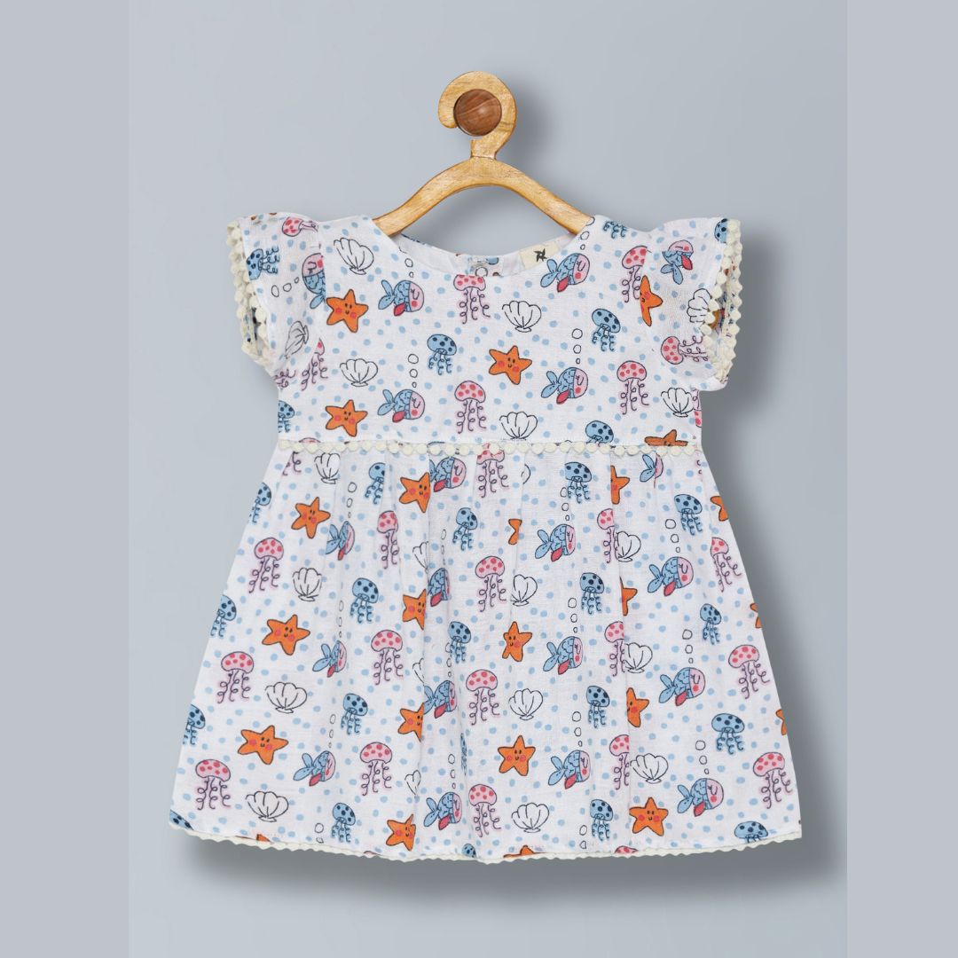 100% cotton muslin jhabla frock with soft lace- white star fish pattern