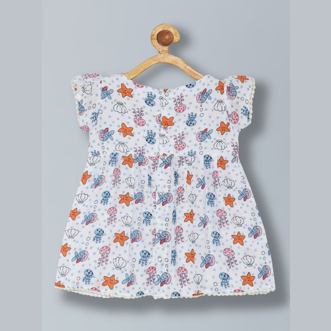 100% cotton muslin jhabla frock with soft lace- white star fish pattern