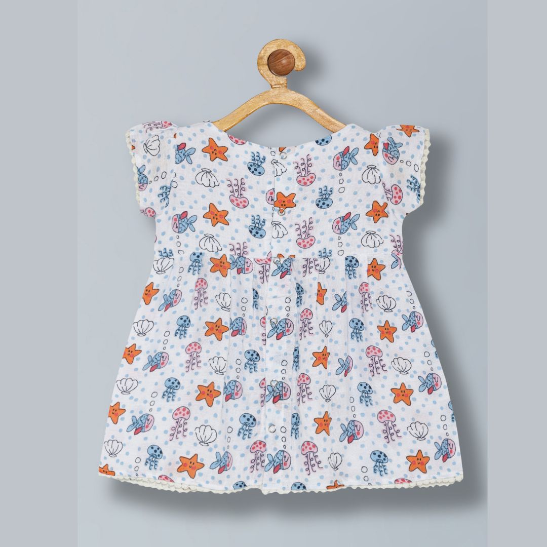100% cotton muslin jhabla frock with soft lace- white star fish pattern