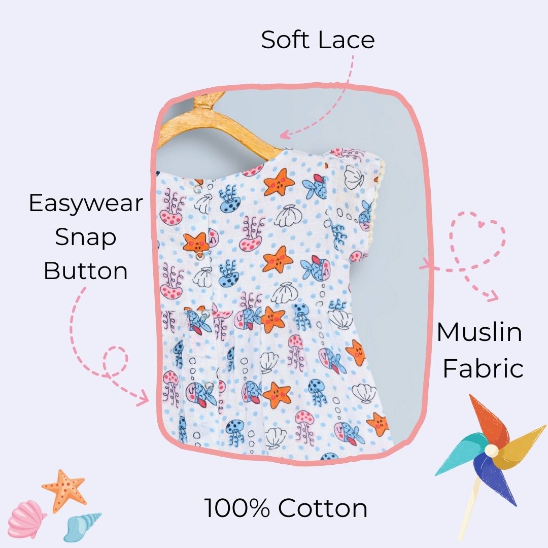 100% cotton muslin  jhabla frock with soft lace- white star fish pattern