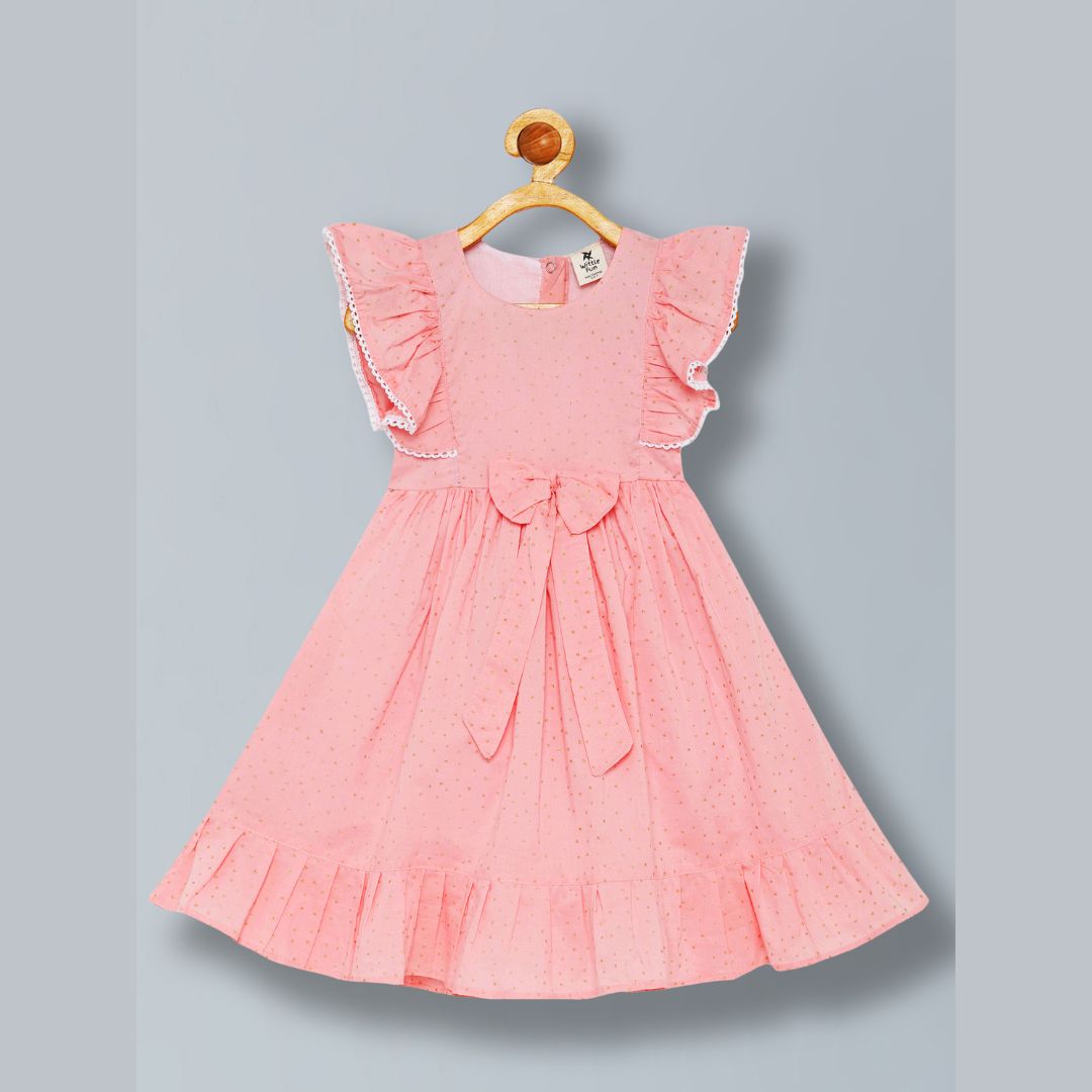 100% Cotton Sleeveless frock with frills and golden glitter print- baby pink