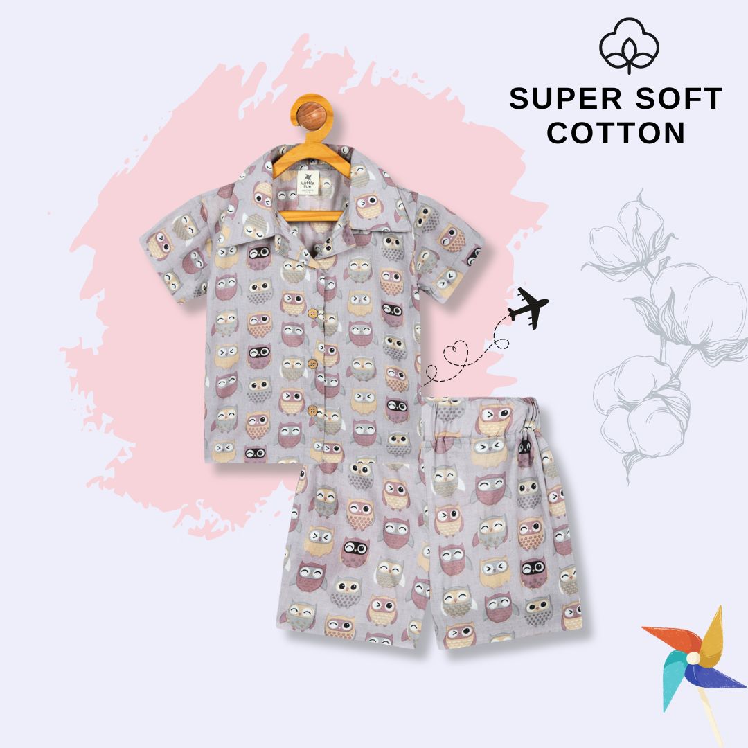 100% Cotton extremely comfortable co-ord set Shirt and Shorts - Boys Grey Owl Print