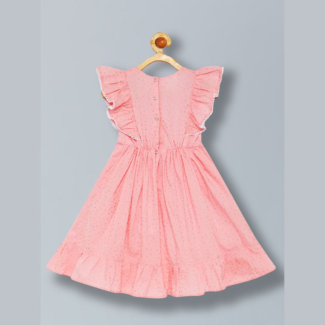 100% Cotton Sleeveless frock with frills and golden glitter print- baby pink