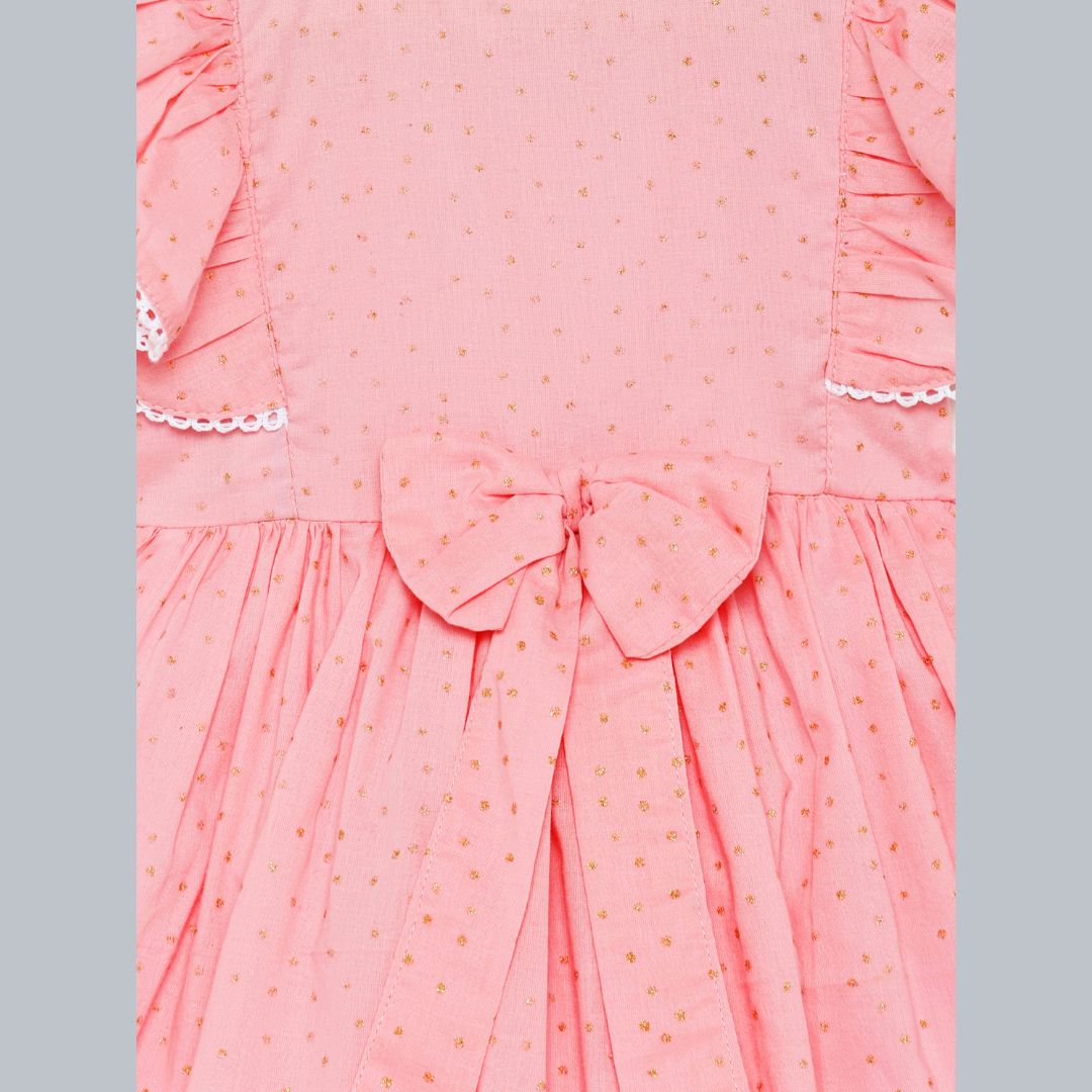 100% Cotton Sleeveless frock with frills and golden glitter print- baby pink