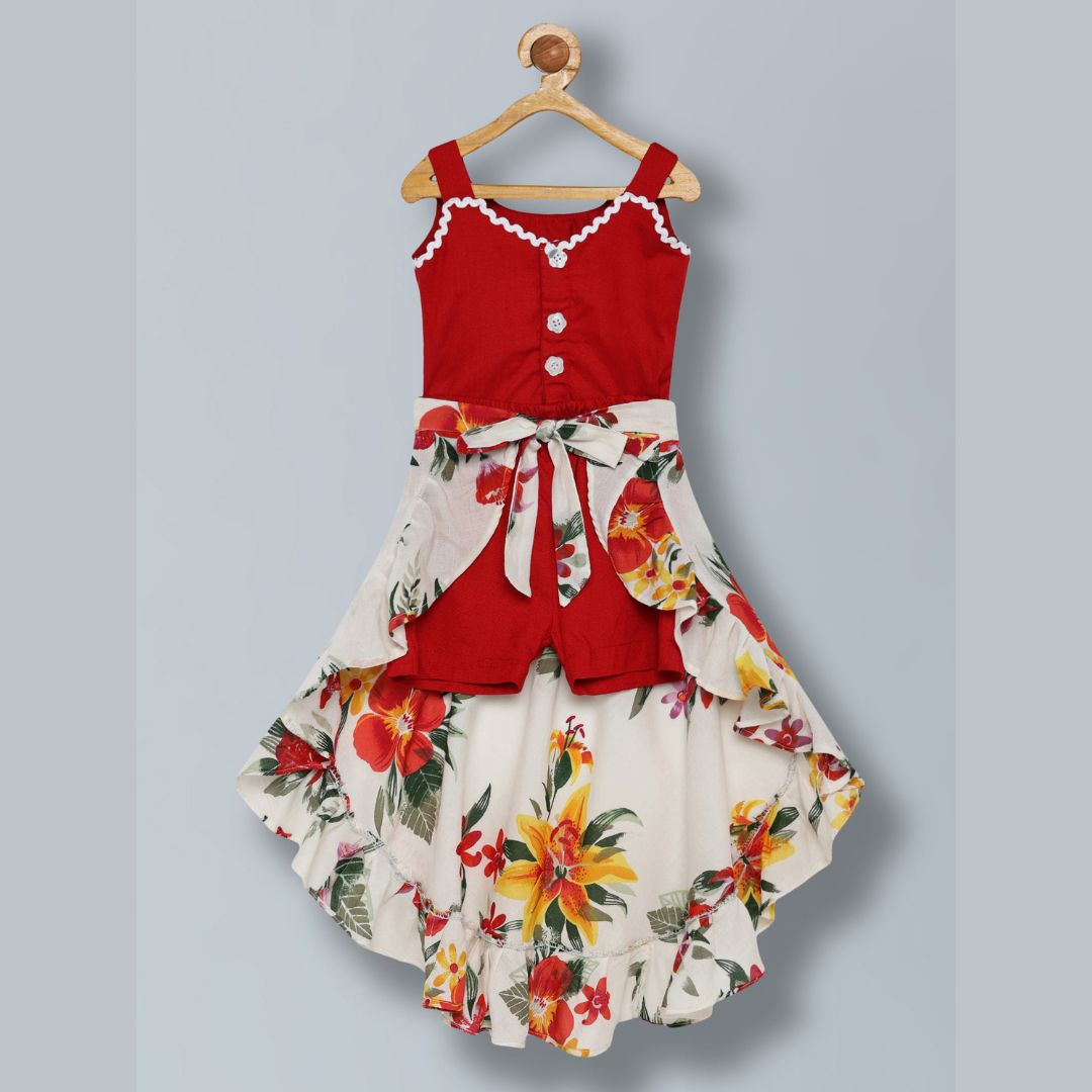 100% cotton 3 piece co-ord set sleeveless top and shorts along with floral wrap skirt -Red & white