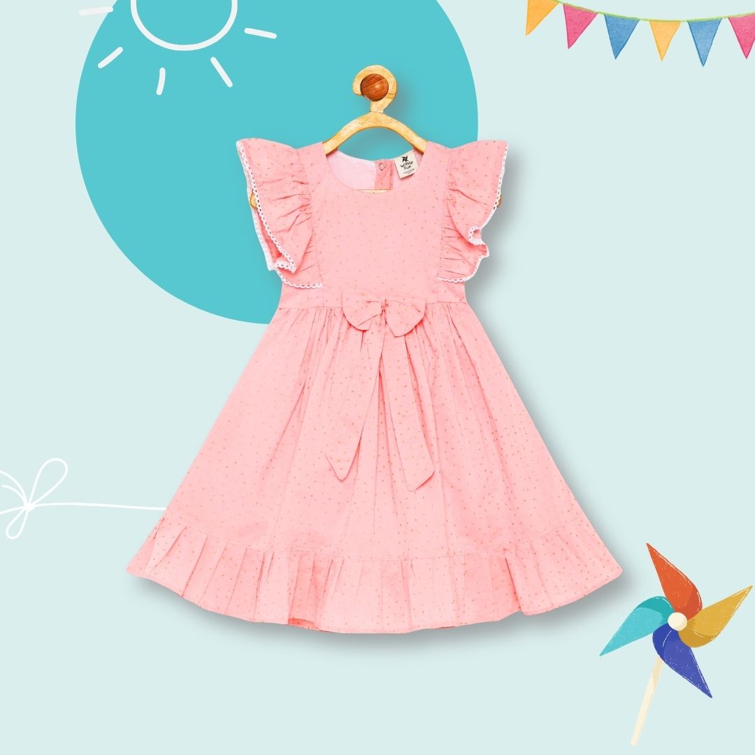 100% Cotton Sleeveless frock with frills and golden glitter print- baby pink