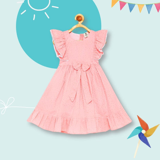 100% Cotton Sleeveless frock with frills and golden glitter print- baby pink