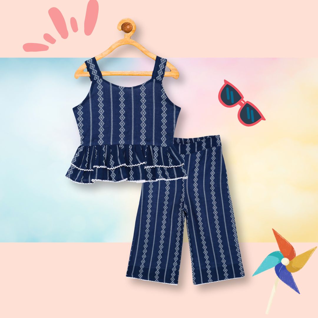 100% Cotton  Sleeveless Co-ord set with stripe print Top And Pant Set - Blue