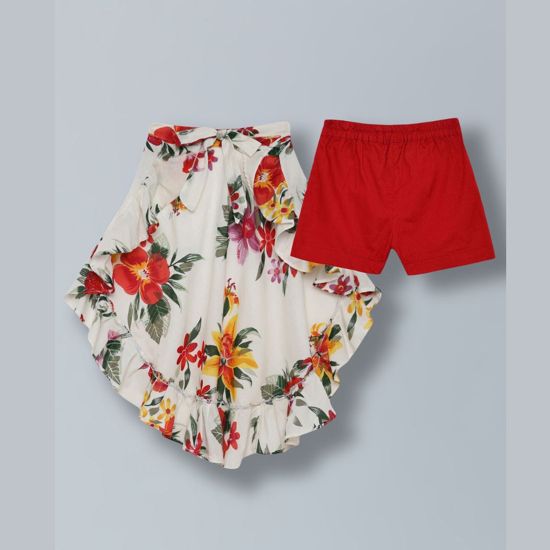 100% cotton 3 piece co-ord set sleeveless top and shorts along with floral wrap skirt -Red & white