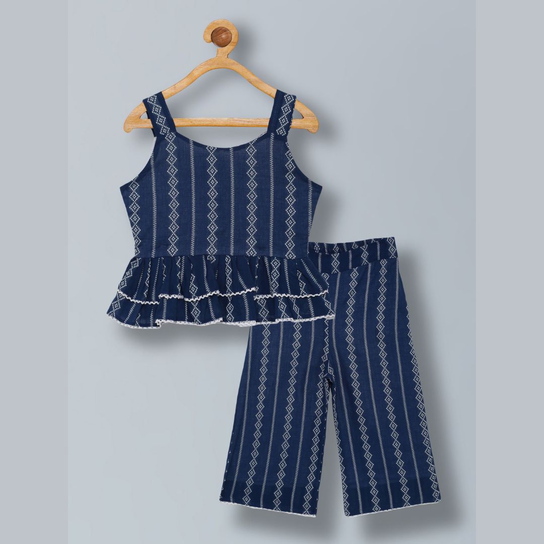 100% Cotton  Sleeveless Co-ord set with stripe print Top And Pant Set - Blue