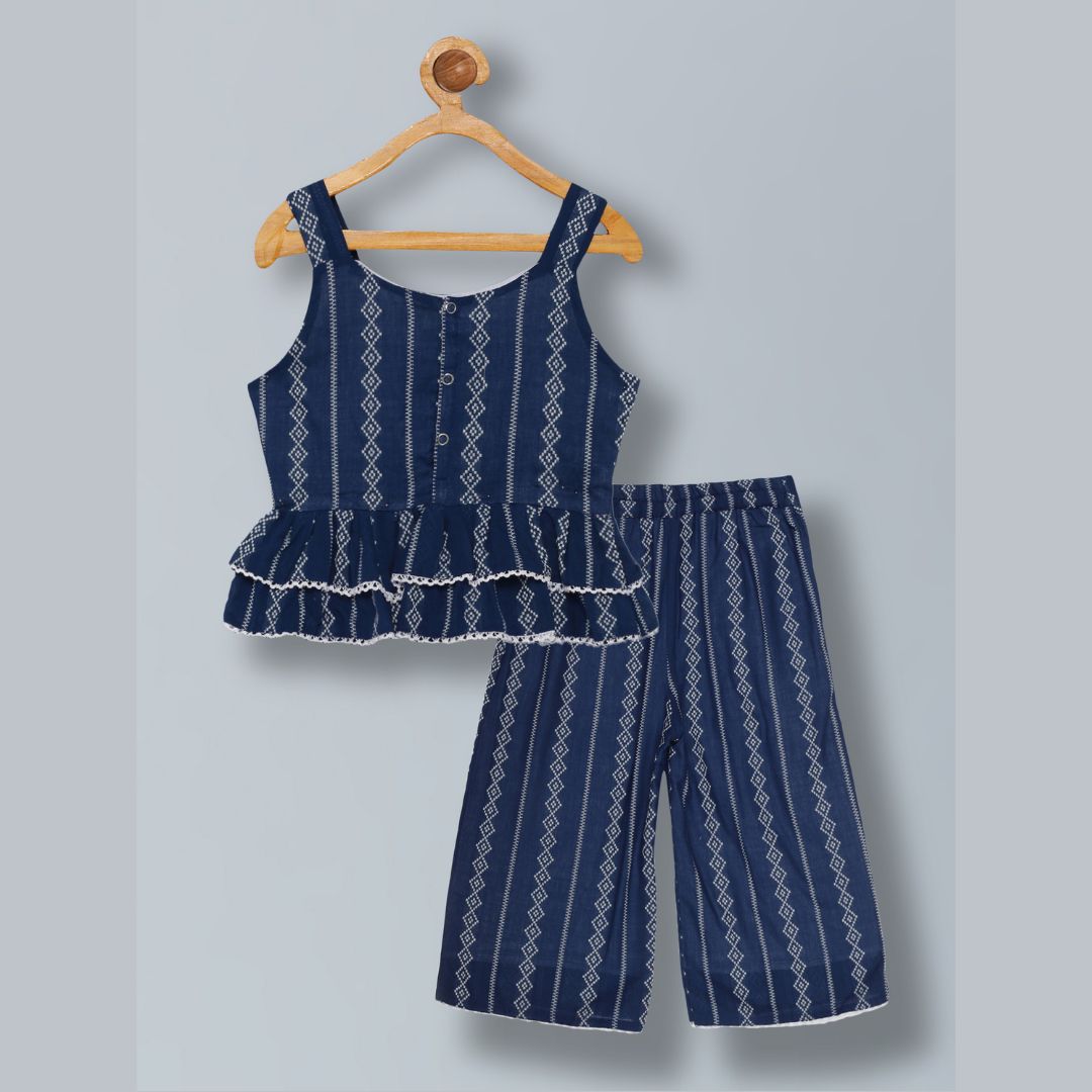 100% Cotton  Sleeveless Co-ord set with stripe print Top And Pant Set - Blue