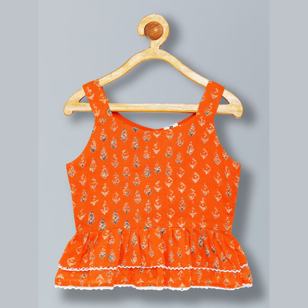 100% Cotton Sleeveless Co-ord set with flowery print Top And Pant Set - Orange