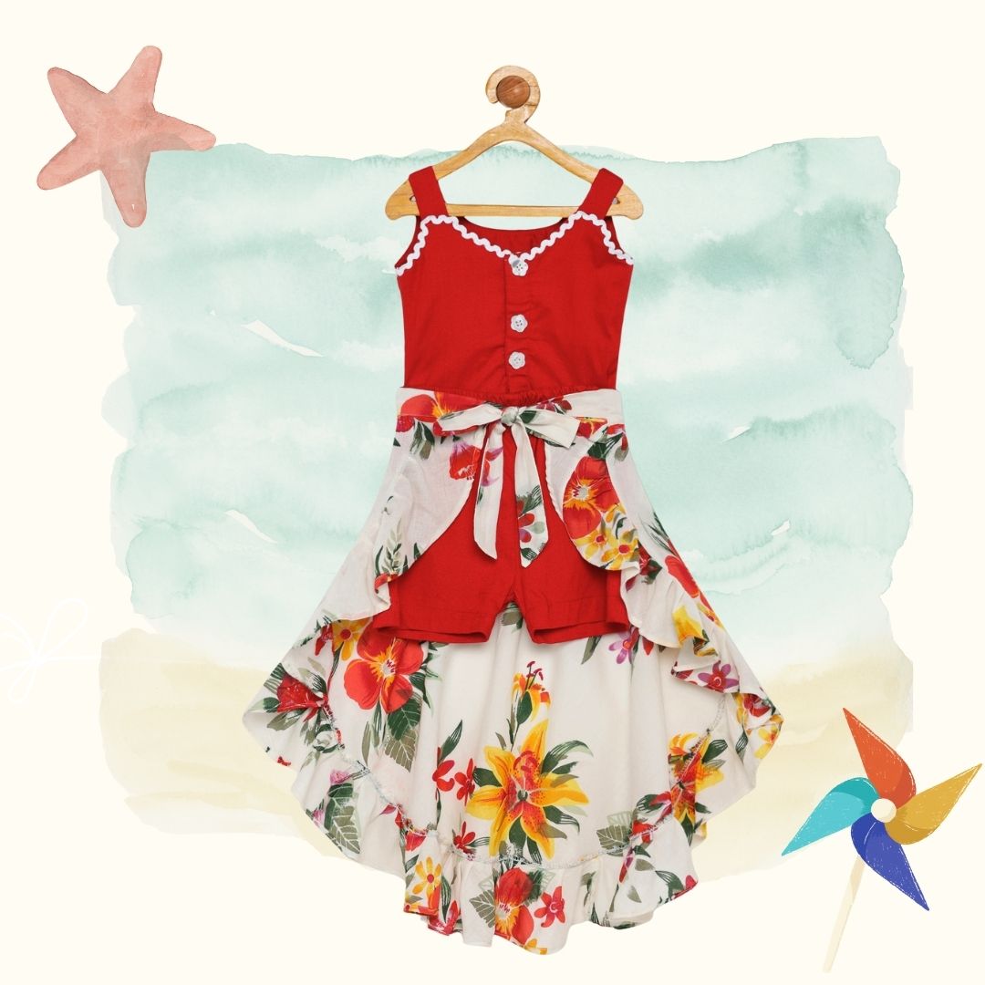 100% cotton 3 piece co-ord set sleeveless top and shorts along with floral wrap skirt -Red & white