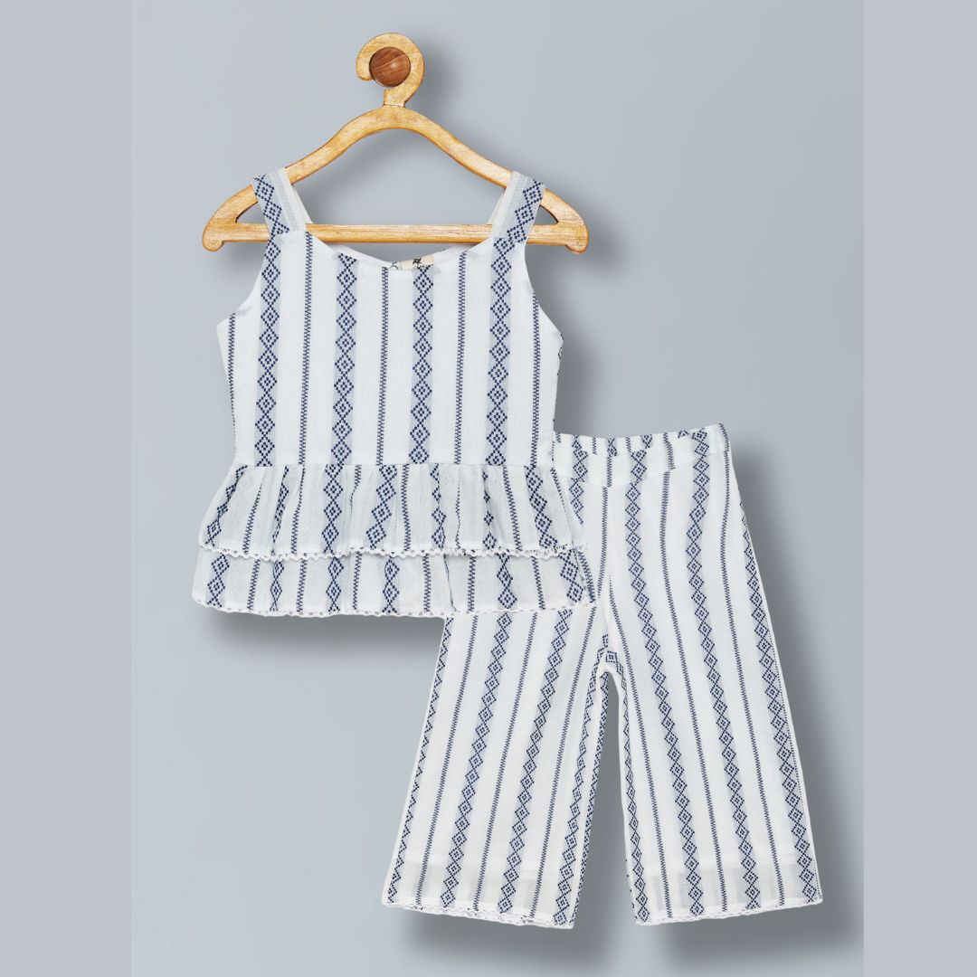 100% Cotton Sleeveless Co-ord set with blue print Top And Pant Set - White