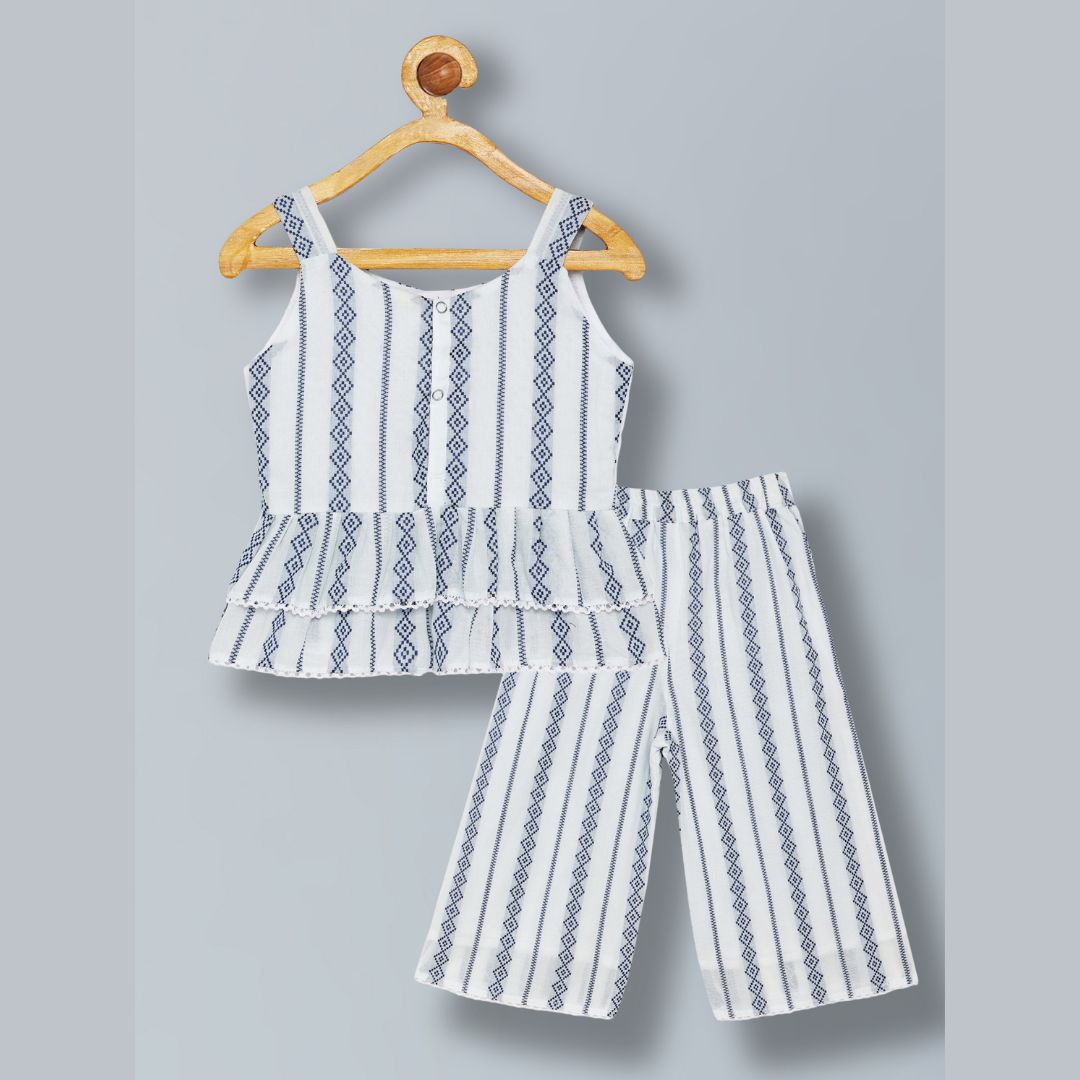 100% Cotton Sleeveless Co-ord set with blue print Top And Pant Set - White