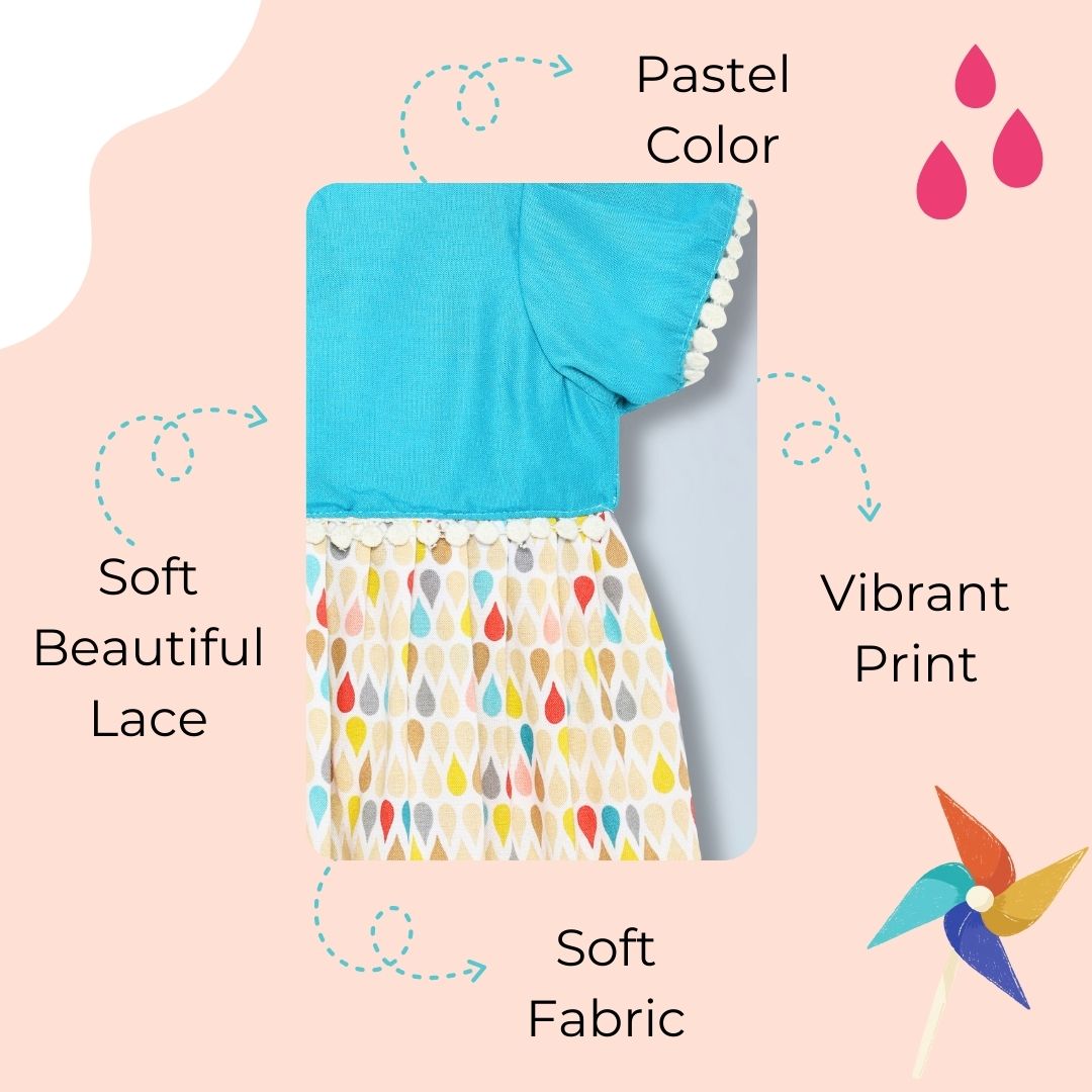 100% cotton jhabla frock with soft lace and playful drop print- blue & multicolor