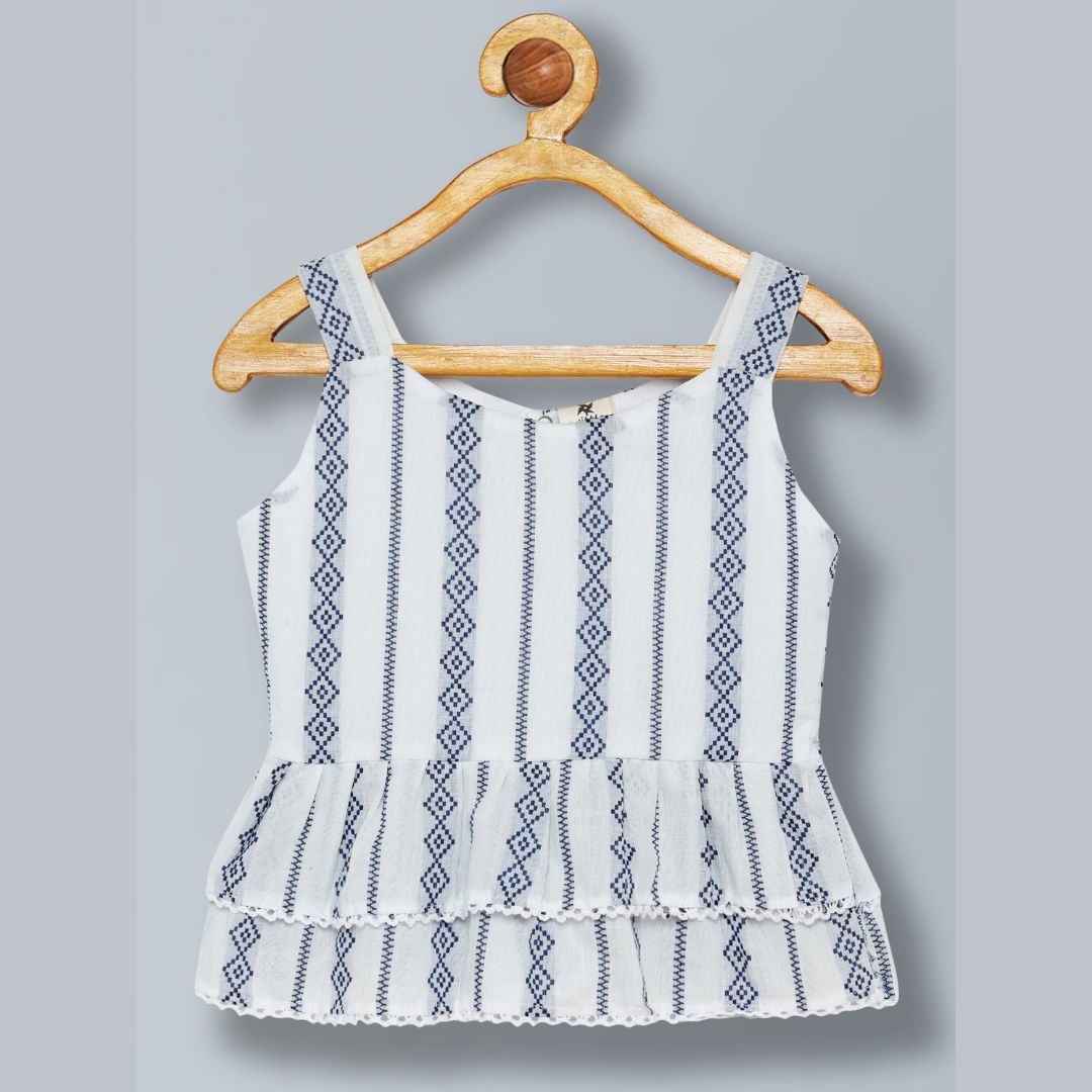 100% Cotton Sleeveless Co-ord set with blue print Top And Pant Set - White