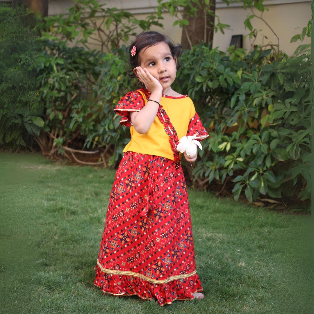 100% Cotton lehenga choli for baby - Red & Yellow