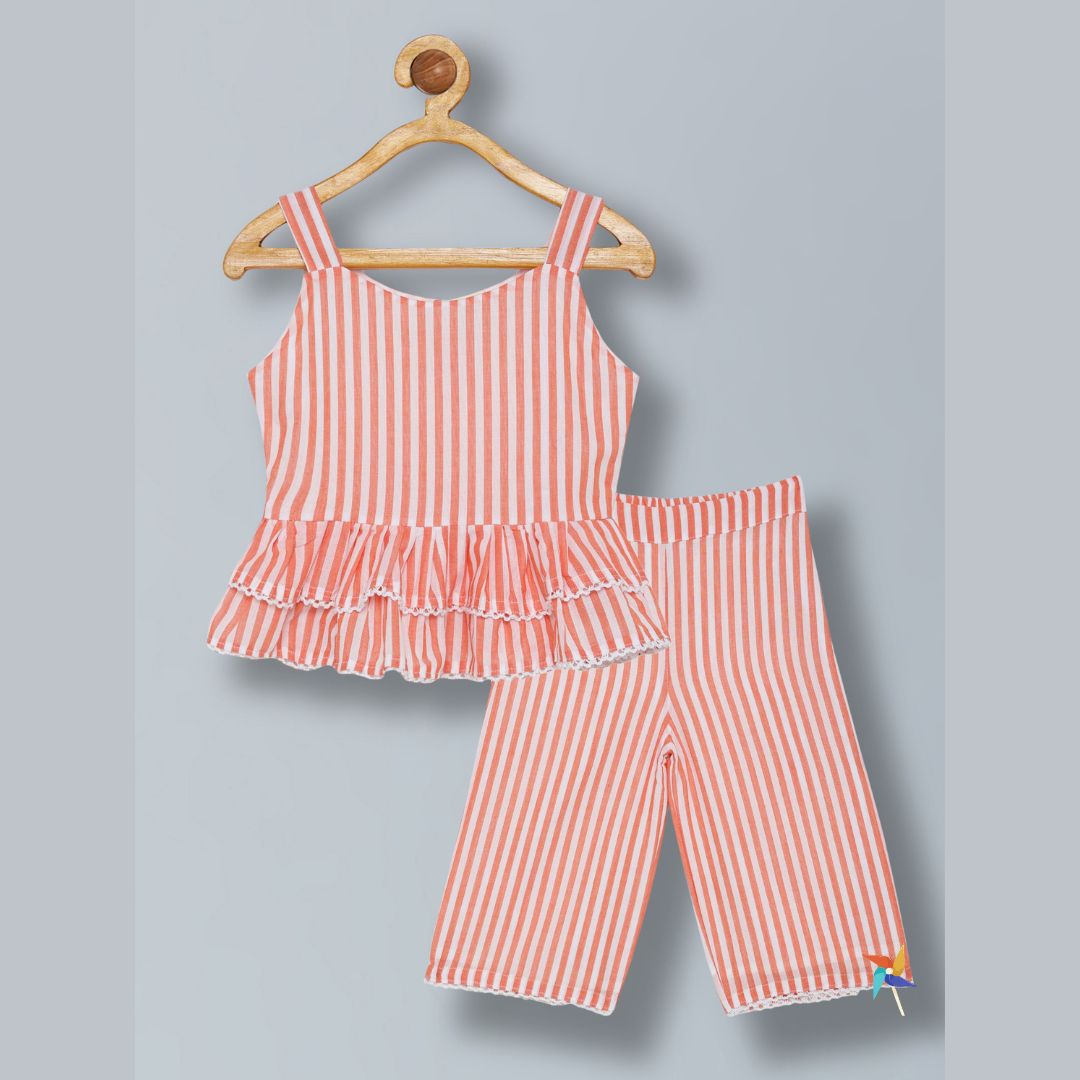 100% Cotton Sleeveless Co-ord set with white stripes Top And Pant Set - Orange