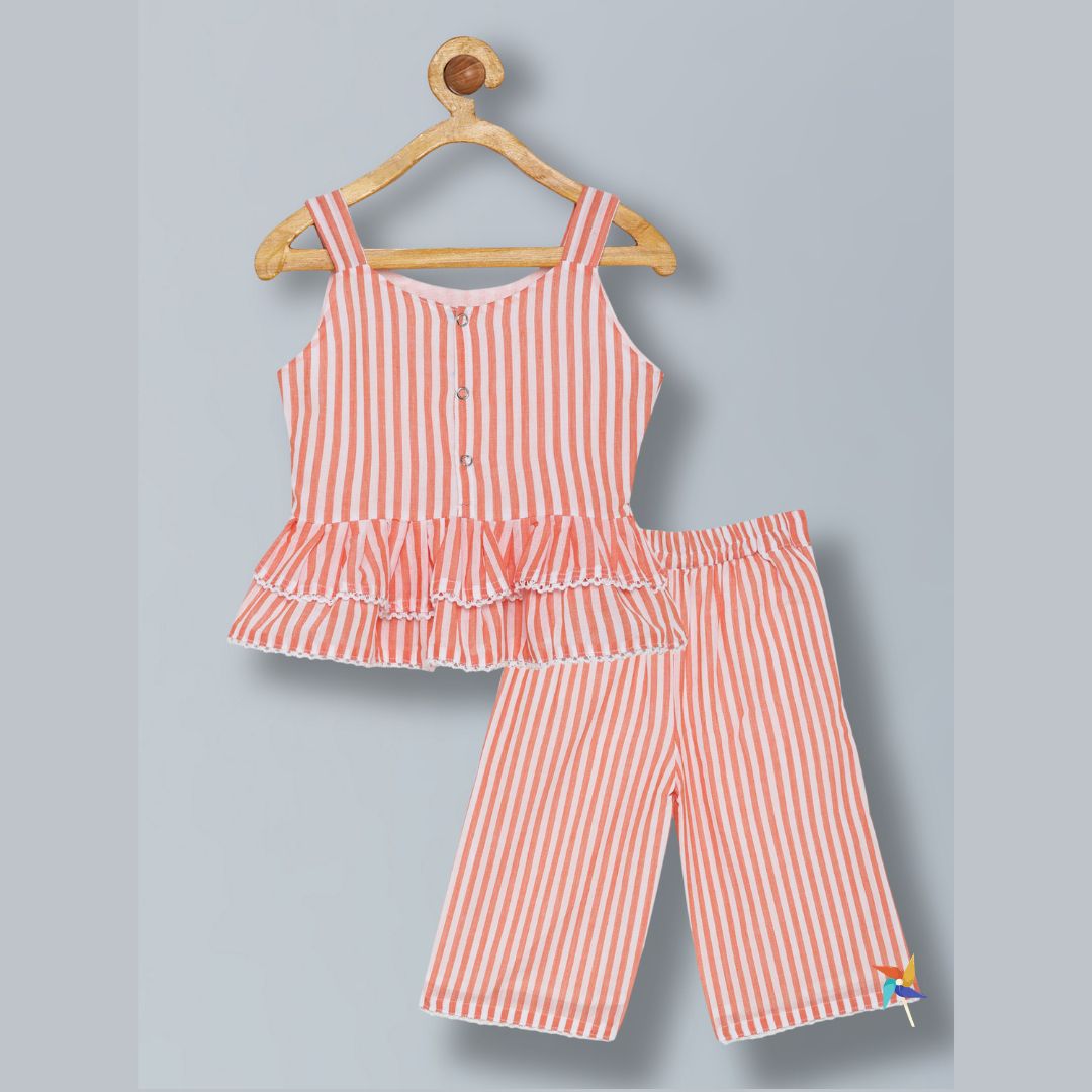 100% Cotton Sleeveless Co-ord set with white stripes Top And Pant Set - Orange