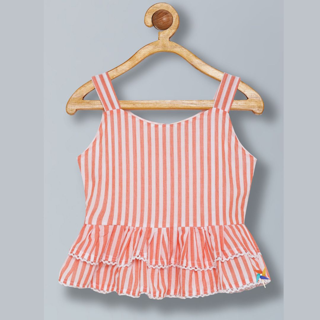 100% Cotton Sleeveless Co-ord set with white stripes Top And Pant Set - Orange