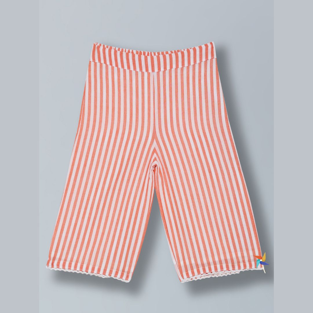 100% Cotton Sleeveless Co-ord set with white stripes Top And Pant Set - Orange