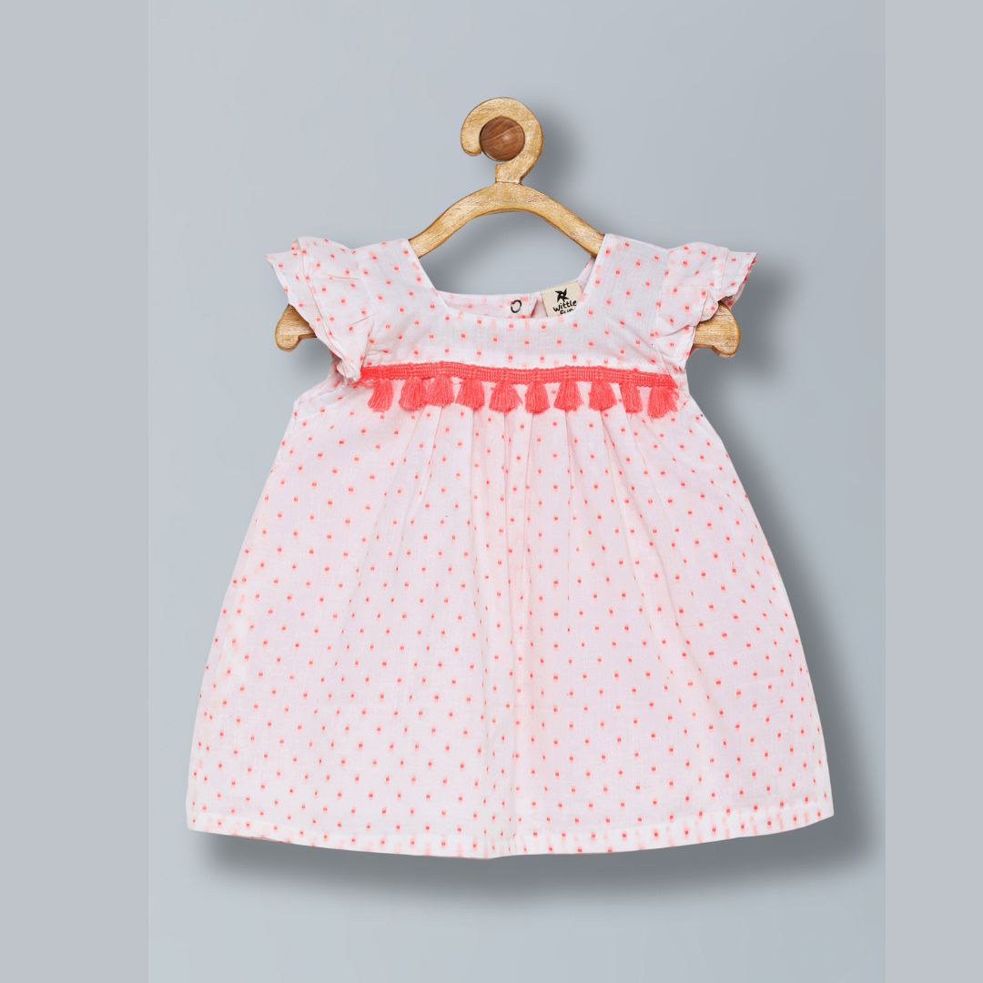 100% Cotton Sleeveless Frock with Dotted Print & Soft Lace - White & Neon Pink