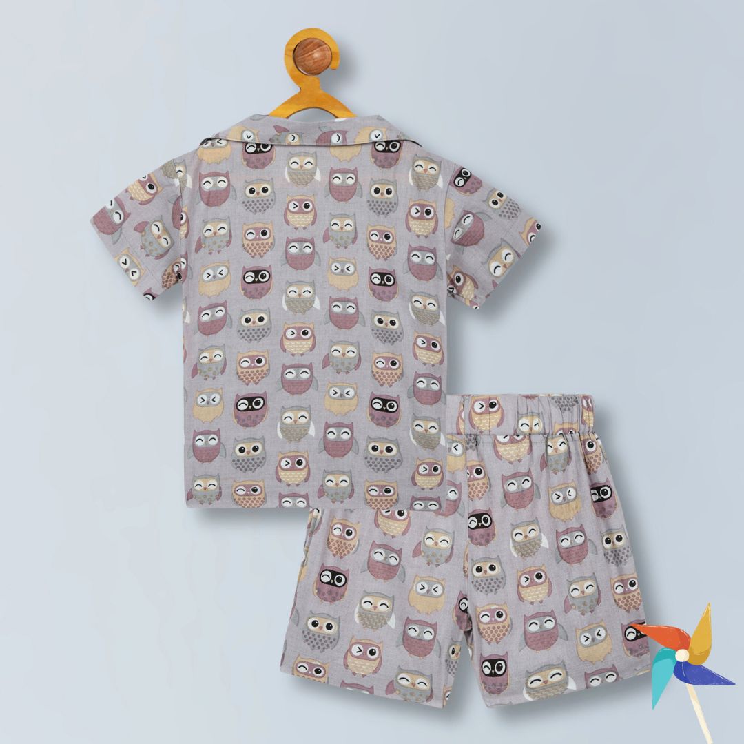 100% Cotton extremely comfortable co-ord set Shirt and Shorts - Boys Grey Owl Print