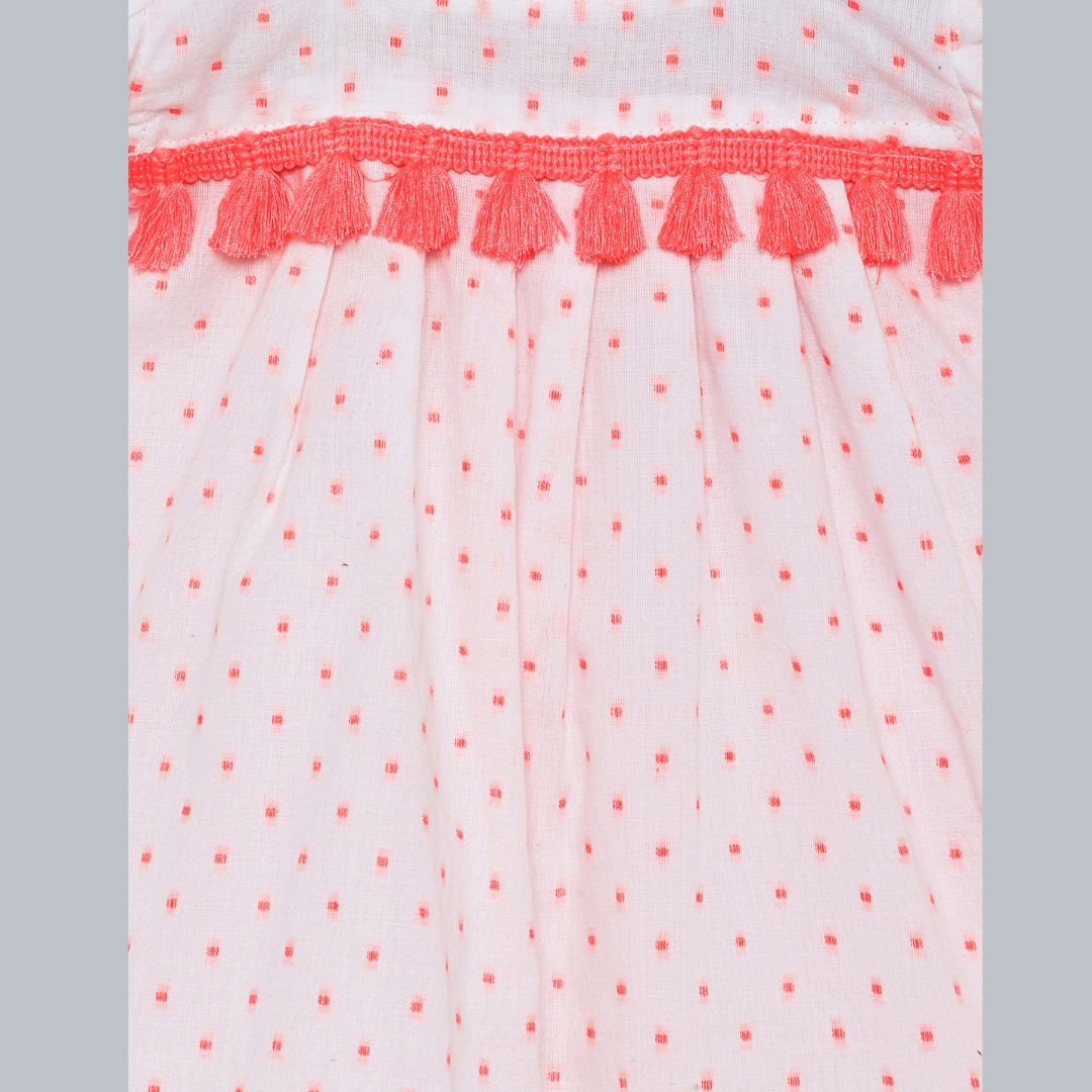 100% Cotton Sleeveless Frock with Dotted Print & Soft Lace - White & Neon Pink