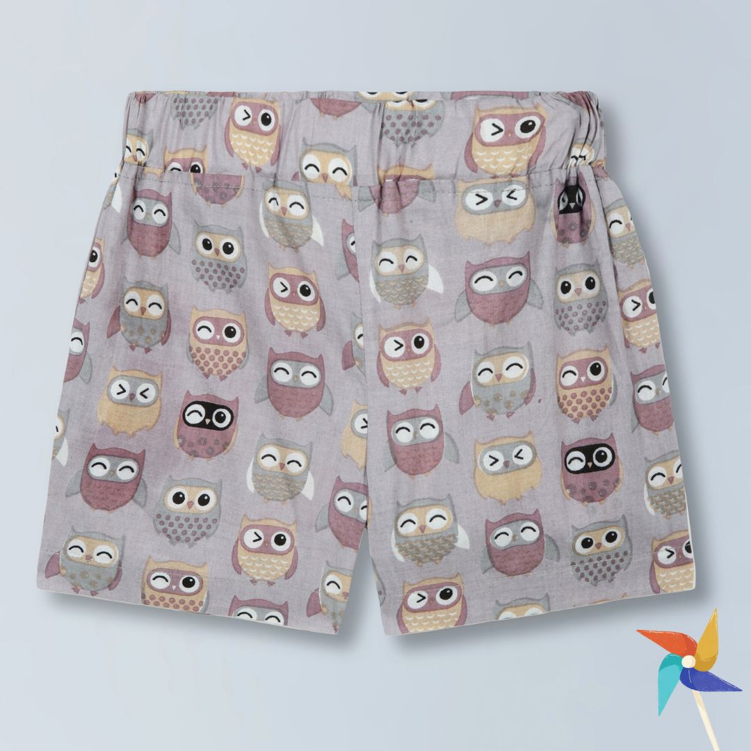 100% Cotton extremely comfortable co-ord set Shirt and Shorts - Boys Grey Owl Print