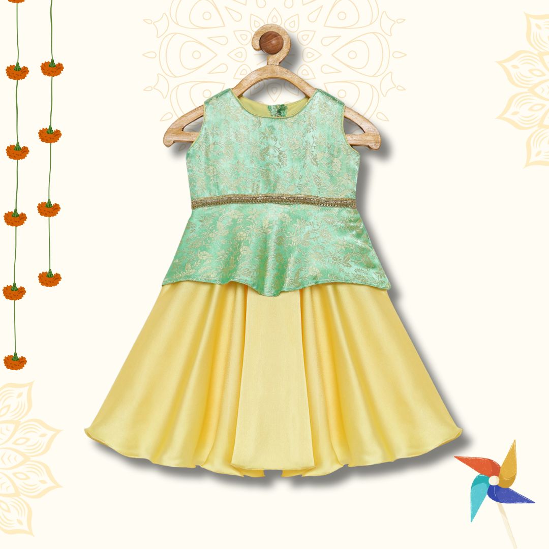 Lehenga choli for baby - green & yellow