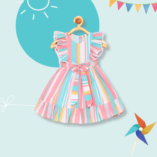 100% Cotton Sleeveless Frock Stripped Print - Pink & Blue