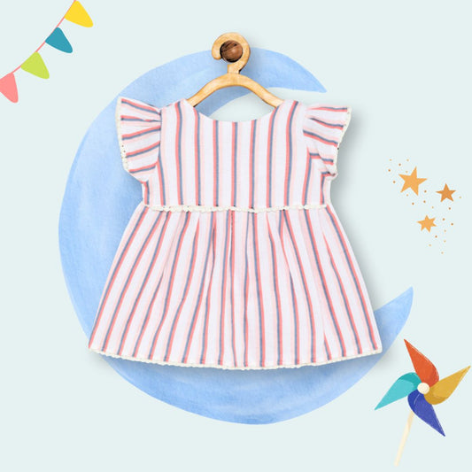 100% cotton muslin jhabla frock back open with soft lace and striped print- white
