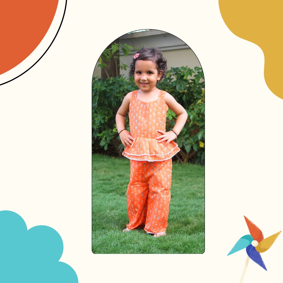 100% Cotton Sleeveless Co-ord set with flowery print Top And Pant Set - Orange