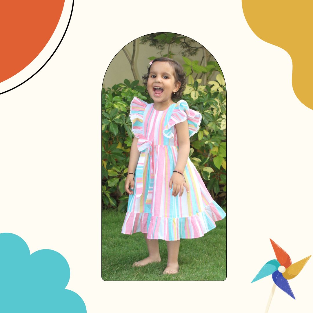 100% Cotton Sleeveless Frock Stripped Print - Pink & Blue