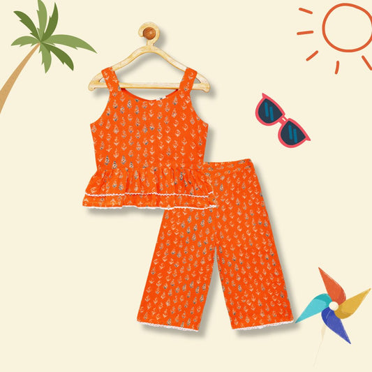 100% Cotton Sleeveless Co-ord set with flowery print Top And Pant Set - Orange